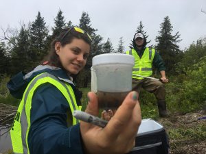 scientist holding up plastic jar of bog water