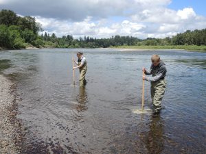 two people taking water samples in a lake