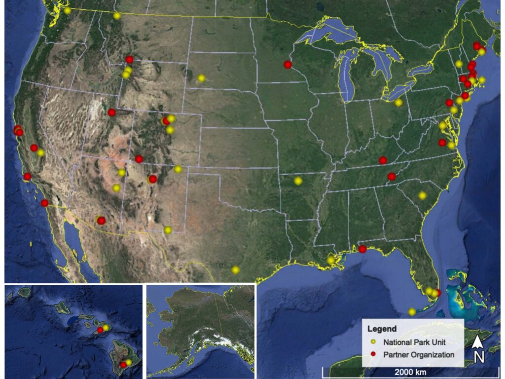 map showing locations of participating parks and partners listed 